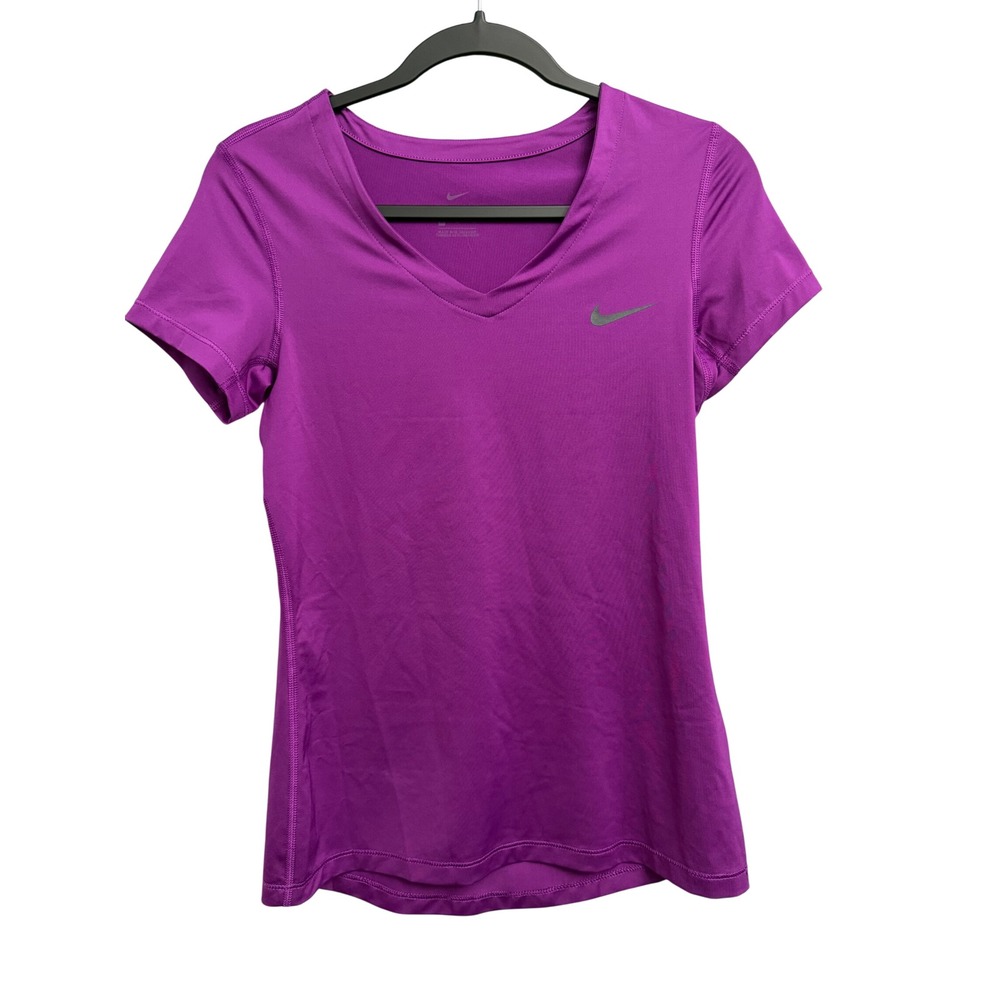 Nike Dri-FIT Womens V-Neck Short Sleeve Training Shirt Purple Medium FA17 Top